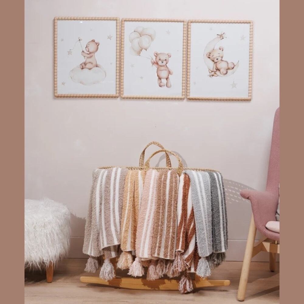 Styled Collection Stone Taupe Baby 3D Stripe Tassel Stroller Nursery Blanket NEW